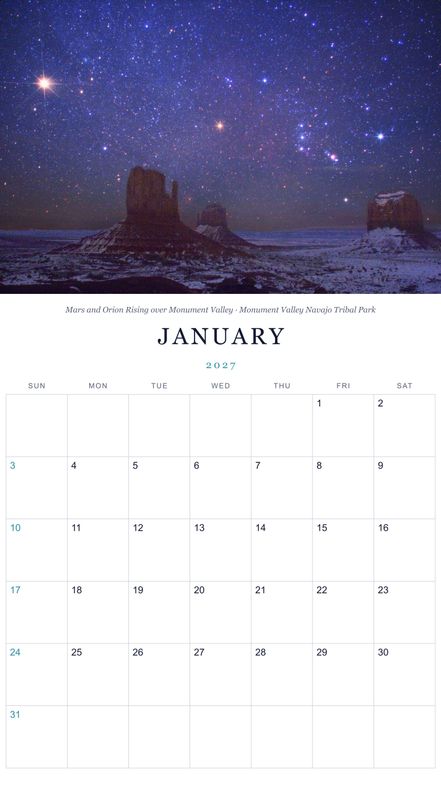 January: Mars and Orion Rising over Monument Valley